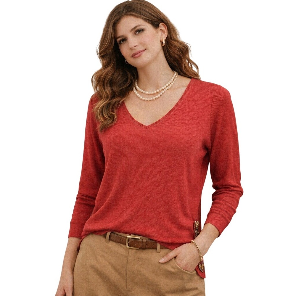 LRL Ralph Lauren Jeans Co Red Ribbed V Neck Long Sleeve Lace Up Side Shirt Top L